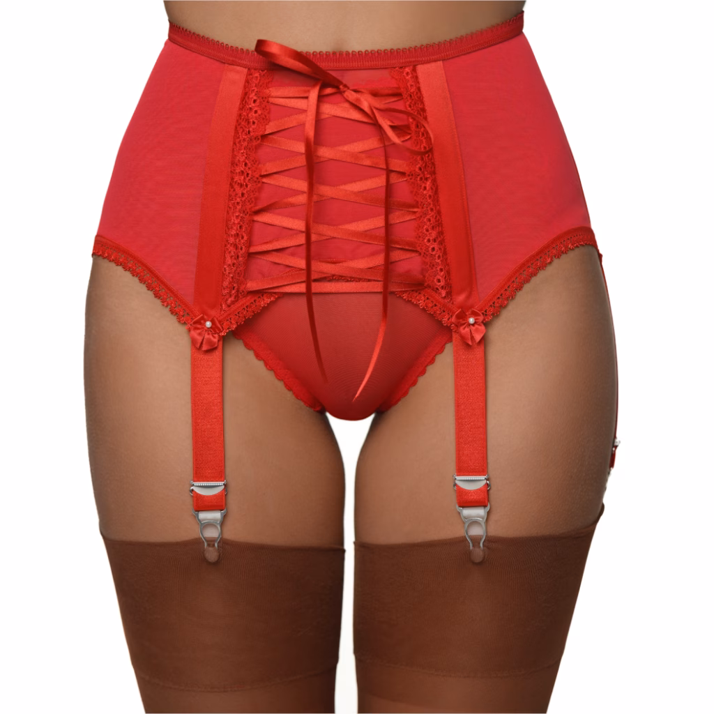 Anja jarretelgordel, elegante Italiaanse powermesh 6 jarretelbandjes in zwart, wit of rood met vetersluiting